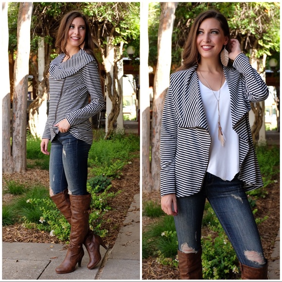 Infinity Raine Sweaters - ✨RESTOCKED✨Black and White Striped ZIP Up Cardigan